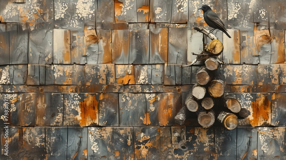 Wall mural rustic aesthetic of a crow on a pile of logs, surrounded by vintage patterned tiles. capturing natur