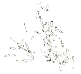 Safety Pin brooch pour fall down, explosion in air. Many safety pin small size splash fly in group floating. White background isolated high speed shutter freeze motion