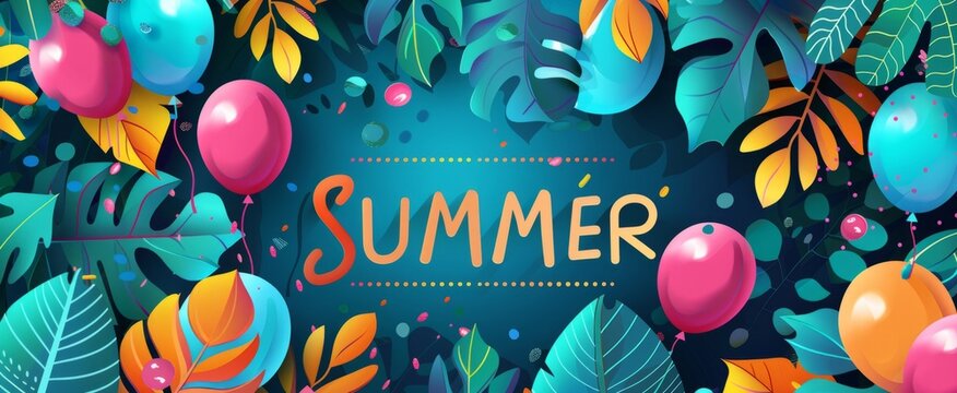 summer text with colorful leaves and balloons Generative AI