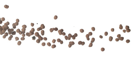 Clay Drainage big size ball pour fall down, explosion in air. Clay Drainage ball splash in shape form line explosion. White background isolated high speed shutter freeze motion