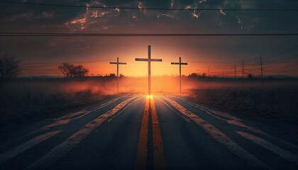 Silhouette of crosses on beautiful spring sunset. Easter theme. - obrazy, fototapety, plakaty