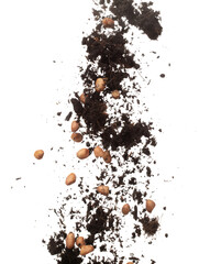 Soil dirt peanut bean mix fall fly explosion. Peanut bean soil fertilizer abstract cloud fly. Soil...