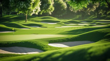 A detailed shot of a well-maintained golf course with manicured green lawns and sand traps