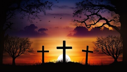 Silhouette of crosses on beautiful spring sunset. Easter theme.