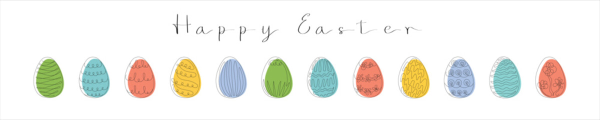 Set of Colored Easter eggs with patterns. With the inscription Happy Easter. Continuous one line drawing. Line art. Isolated on white background. Design elements. Print. Greeting. Minimalist art