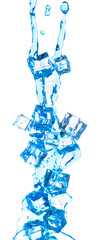 Ice Cubes fresh water pouring flying, crystal clear ice cool water wave floating, fall down in air. Fresh water Ice cube is frozen water healthy thirsty. White background Isolated high speed shutter