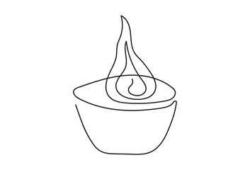 Tea light candle with flame. Burning decorative scented candle candle. Continuous one line drawing. Line art. Isolated on white background. Design element for print, greeting, postcard, scrapbooking