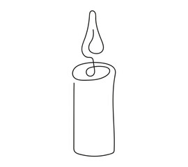 Wax candle with flame. Burning decorative aroma candle. Continuous one line drawing. Line art. Isolated on white background. Design element for print, greeting, postcard, scrapbooking. Black and white