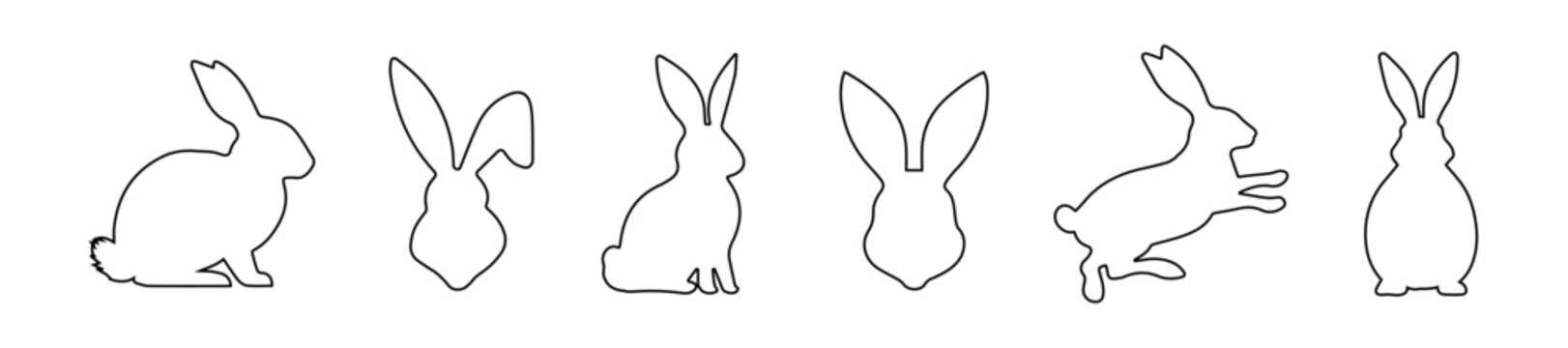 Set of rabbits in outline. Easter bunnies. Isolated on white background. A simple black icons of hares. Cute animals. Ideal for logo, emblem, pictogram, print, design element for greeting card.
