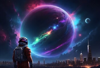 Fototapeta premium An astronaut in a white space suit standing in front of a futuristic city skyline at night, looking at a large vibrant planet rising in the background with a cosmic nebula