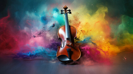 Celebrate world music day background with violin on abstract colorful dust background. Music day event and musical instruments colorful design
