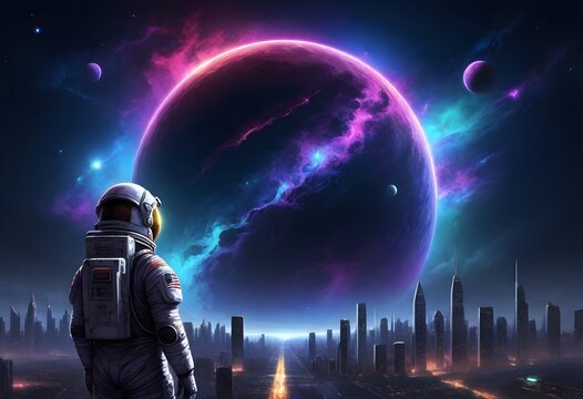 An astronaut in a white space suit standing in front of a futuristic city skyline at night, looking at a large vibrant planet rising in the background with a cosmic nebula