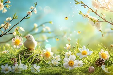 Tranquil Spring Scene with a Canary perched in a Lush Meadow under a Blossom Branch
