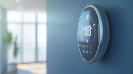 A high-tech, smart home thermostat with a digital display and energy-saving temperature controls