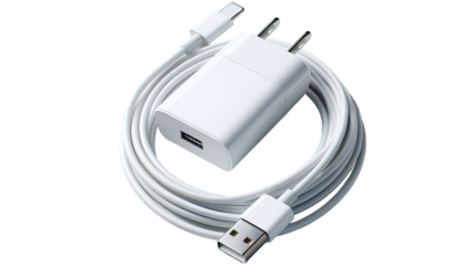 A white USB type C charger cable. Transparent background