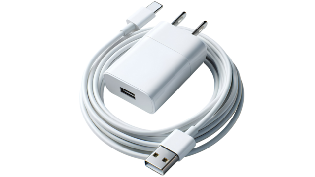 A white USB type C charger cable. Transparent background