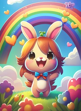 Kawaii cute easter bunny girl with painted easter eggs and rainbow colors