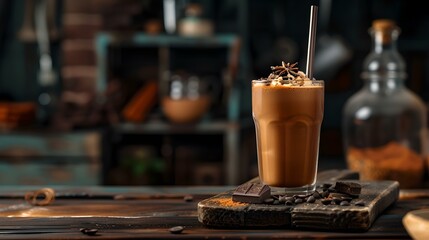 Fototapeta na wymiar Gourmet iced coffee with whipped cream and chocolate, stylish cafe setting. perfect for menu visuals. AI