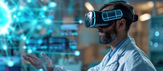 Doctor wearing VR glasses using a medical interface to review a patient's data in a virtual reality setting.