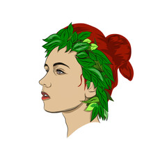 red-haired woman with a crown of leaves on her head