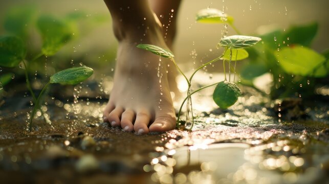 Close up of feet walking on a puddle of clean water, beauty care for women's nails and feet