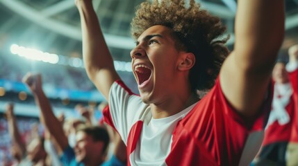 A jubilant soccer fan celebrates a goal, cheering and clapping in a stadium filled with spectators...