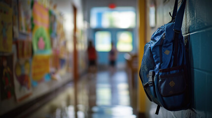 Obraz premium A middle school student's backpack hanging on a hook in a hallway