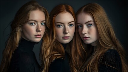 Triple portrait of redhead sisters, serene expression, dark background. elegance in unity, perfect for lifestyle ads. AI