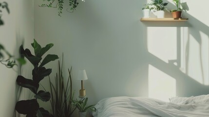 Tranquil Minimalist Bedroom with Wall-Mounted Floating Shelf & Plants AI Generated.