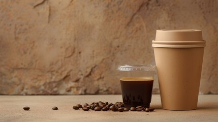 Close-up of takeaway coffee cup and espresso on rustic background. modern lifestyle and morning routine concept. simple and elegant composition. AI