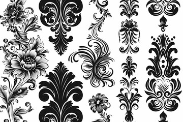 Assorted Collection of Black and White Damask Patterns on Seamless Background