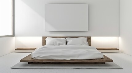 Fototapeta na wymiar Minimalist Bedroom with White Walls and Platform Bed AI Generated.