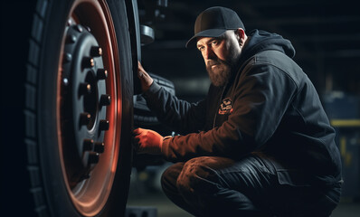  Auto mechanic is repairing a car wheel. Car service station, tire installation.