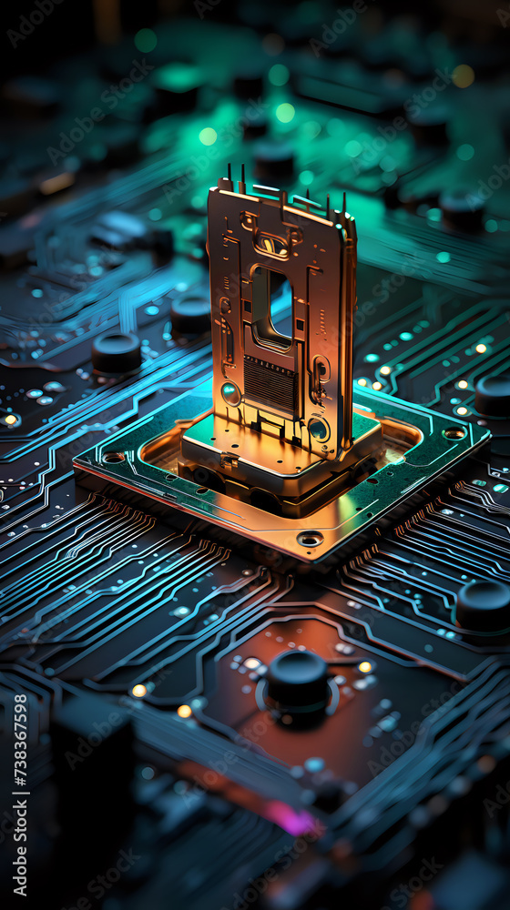 Poster futuristic processor chip on circuit board. a detailed image of a futuristic processor socket on a c