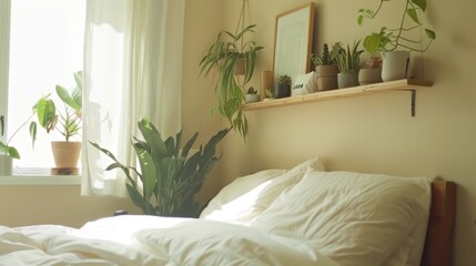 Contemporary Minimalist Bedroom with Wall-Mounted Floating Shelf & Plants AI Generated.