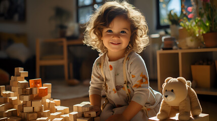 A delightful young child plays with wooden building blocks, embodying the joy of learning through play in a warm, homey setting.