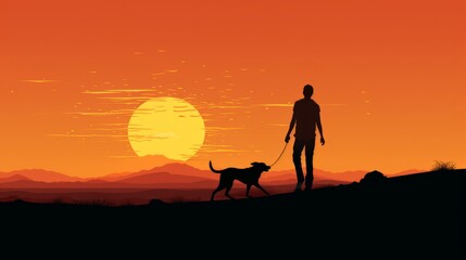 In the warm glow of sunset, a person walks a dog on a leash, their shared journey along the beach framed by the spectacular colors of the evening sky.