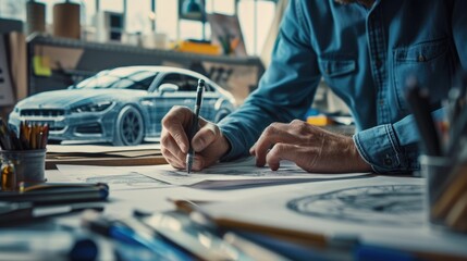 A man, using his hand and fingers, is making a gesture while drawing a car on a piece of paper, showcasing his artistic and engineering skills. AIG41