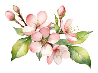 Watercolor illustration with spring flowers. A branch with apple and cherry blossoms