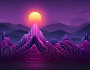 Zelfklevend Fotobehang Abstract Geometric Landscape with Purple Mountains and Yellow Sun, Generative AI © OZMedia