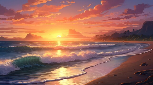 View of the beach, clean and clear wave sea, Sunset golden light sky scene.