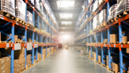 Fototapeta premium Blur warehouse background, Blurred store factory, industry warehouse space and hardware box for delivery with bokeh light background, business logistic distribution storage cargo concept