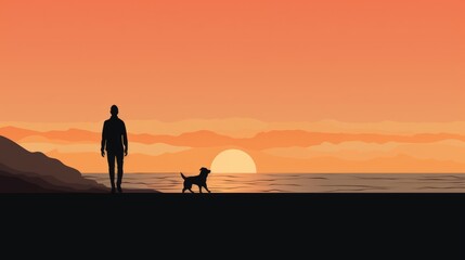A man and his dog wander the beach at dusk, their silhouettes against the sunset, evoking peace and companionship, mirroring life's simple joys.