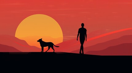 Atop a hill, a man and a dog stand together, the setting sun behind them painting a serene picture of companionship and the beauty of the natural world.