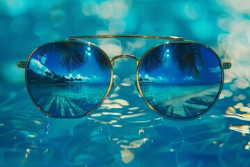 sunglasses with the beach on them reflected on a blue background Generative AI - obrazy, fototapety, plakaty