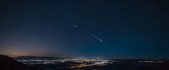 Ethereal Night Meteorites Streak Across the Dark Sky in a Cosmic Dance - obrazy, fototapety, plakaty