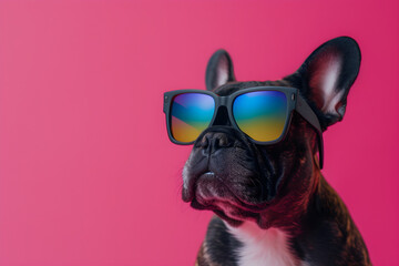 Trendsetting French Bulldog Posing with Rainbow Sunglasses on a Vibrant Pink Background