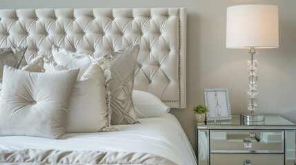 Clean and Simple Bedroom with Tufted Headboard and Mirrored Bedside Table