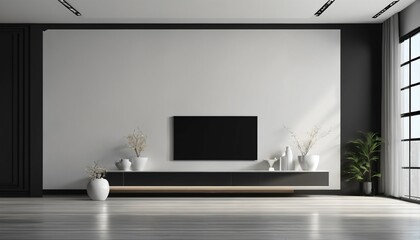Contemporary minimalist interior design of a living room with black wall and empty space