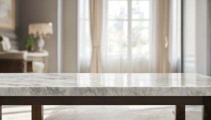 Empty marble stone table in a blurred bedroom interior, ideal for product displays or design layouts - obrazy, fototapety, plakaty